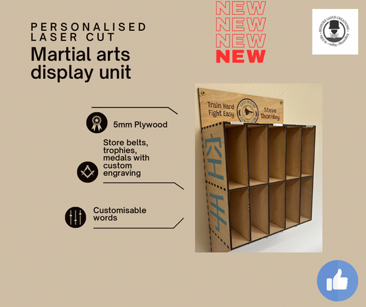 Personalised martial arts wall mounted display - belts - trophy’s and medals in one place with engraving.